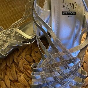 Womens Impo Refresh Elastic Strap Low Wedge Slingback Dress Sandals in Silver